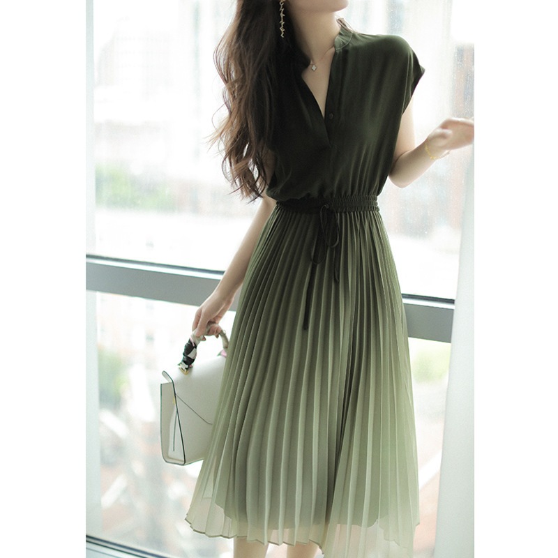 【急速出荷】【人気NO.1】対外貿易2022夏の新型グラデーショングリーン立襟腰デザイン百ひだ雪紡織ワンピース女夏中長タイプ