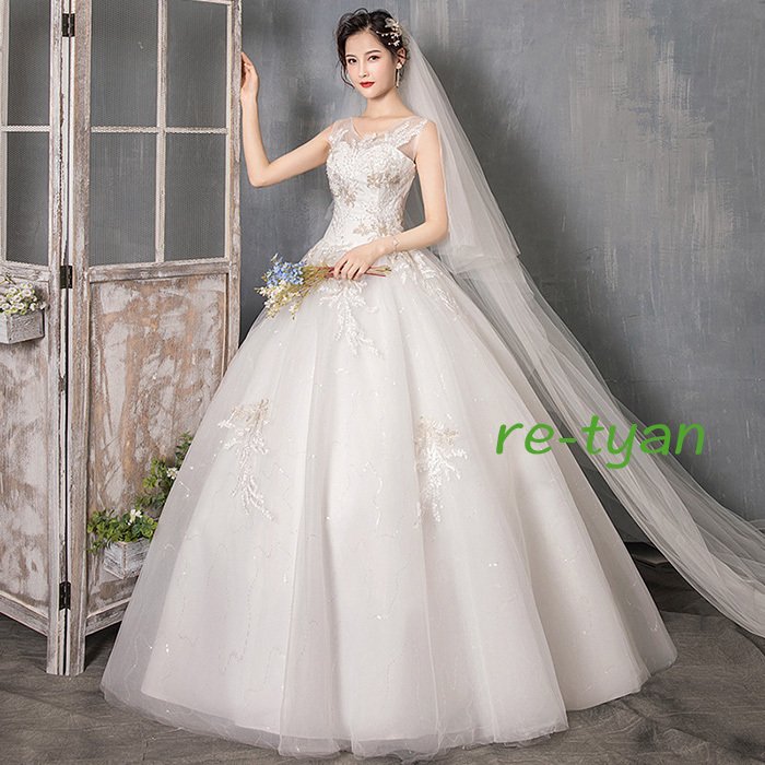 ウェディングドレス安い 結婚式二次会花嫁 ホワイト プリンセスドレス 白 ロングドレス 披露宴 編み