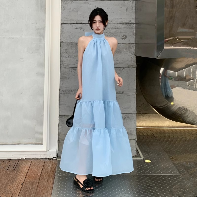 レディース ワンピース ドレス ロング 袖なし ノースリーブ ホルターネック フレア Aライン かわいい 大人可愛い きれいめ シンプル 上品 おしゃれ こなれ感 ラフ ガーリー エレガント 主役級