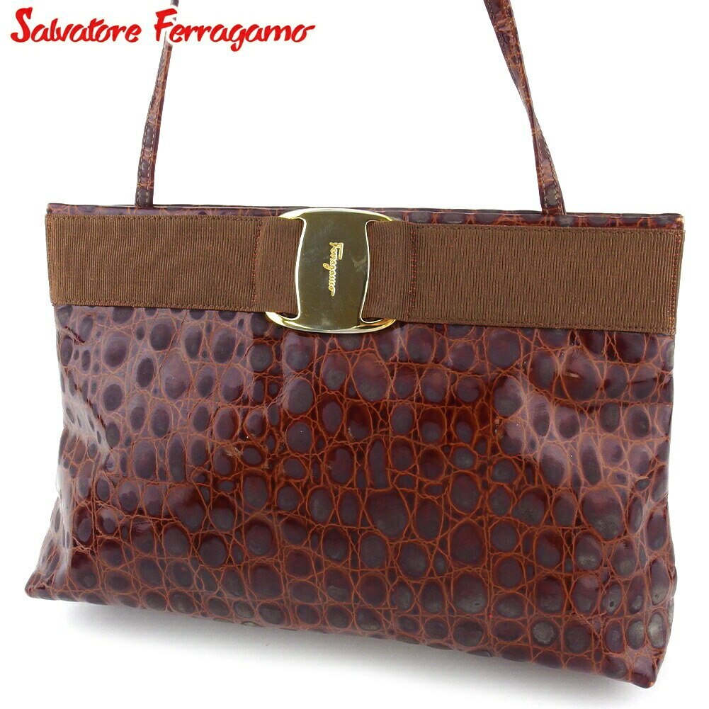 ショルダーバッグ 斜めがけショルダー バッグ クロコ調 レディース ヴァラ ブラウン ゴールド 中古