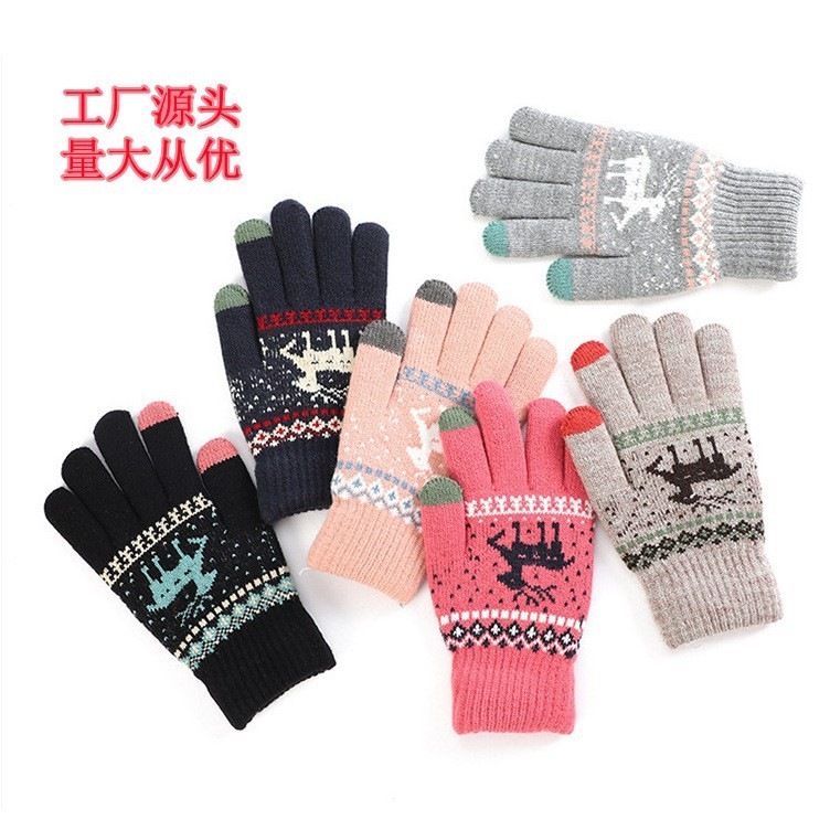 女性用の新しいタッチスクリーンニット手袋厚みのある鹿冬ジャカードニットサイクリング漫画ウール暖かい手袋