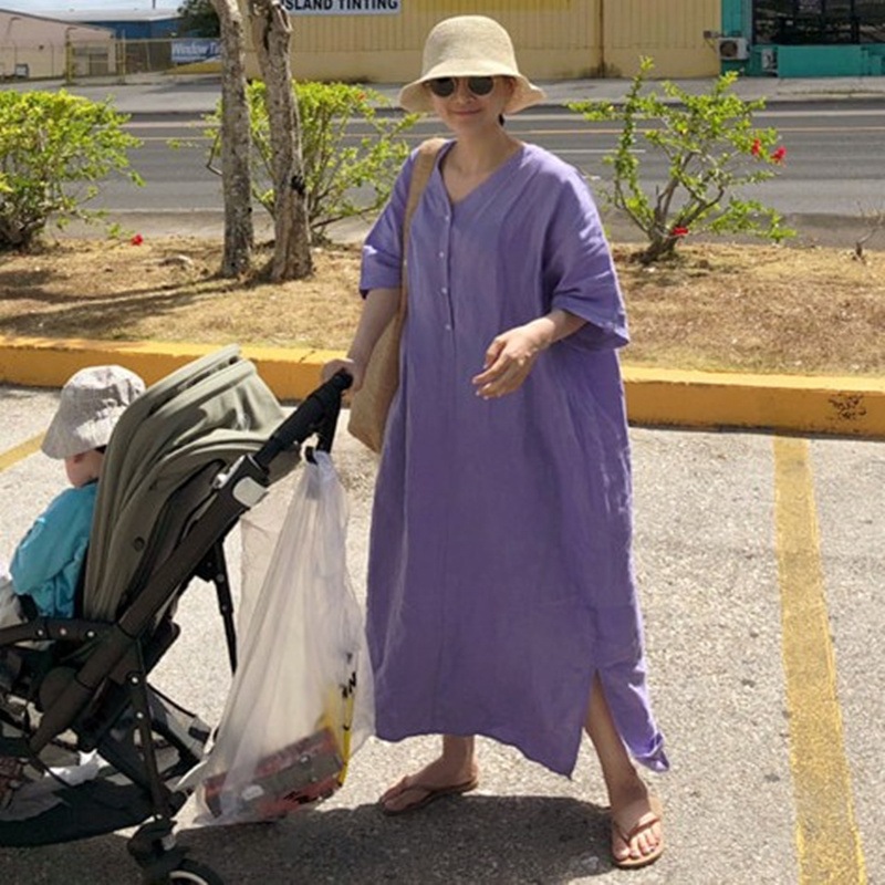 ワンピース ロングワンピース シャツワンピース 5分袖 Vネック ハーフボタン プルオーバー サイドスリット かわいい 大人可愛い きれいめ シンプル 上品 おしゃれ カジュアル こなれ感 個性的