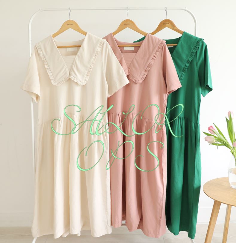 [韓国ファッション] セーラーカラー 可愛らしい シャーリング ロングリネンワンピース