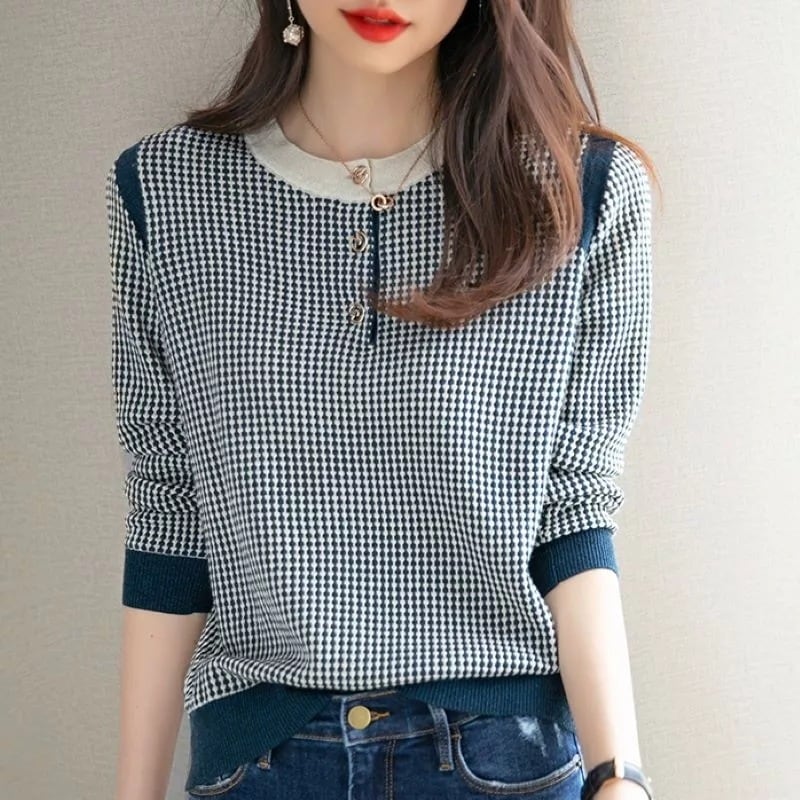 【今季マストバイ】 エレガント プルオーバー チェック柄 春秋 ラウンドネック ニットセーター