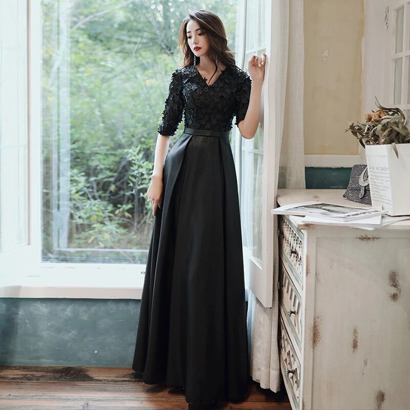 ドレス 大人 ピアノ 発表会 ロングドレス 黒 演奏会 結婚式 母親 ピアノ発表会 袖付き XS 小さいサイズ 大きいサイズ ミモレ丈 ロング ワンピース ブラック 五分袖 長袖可愛い セクシー 演奏 8,151円