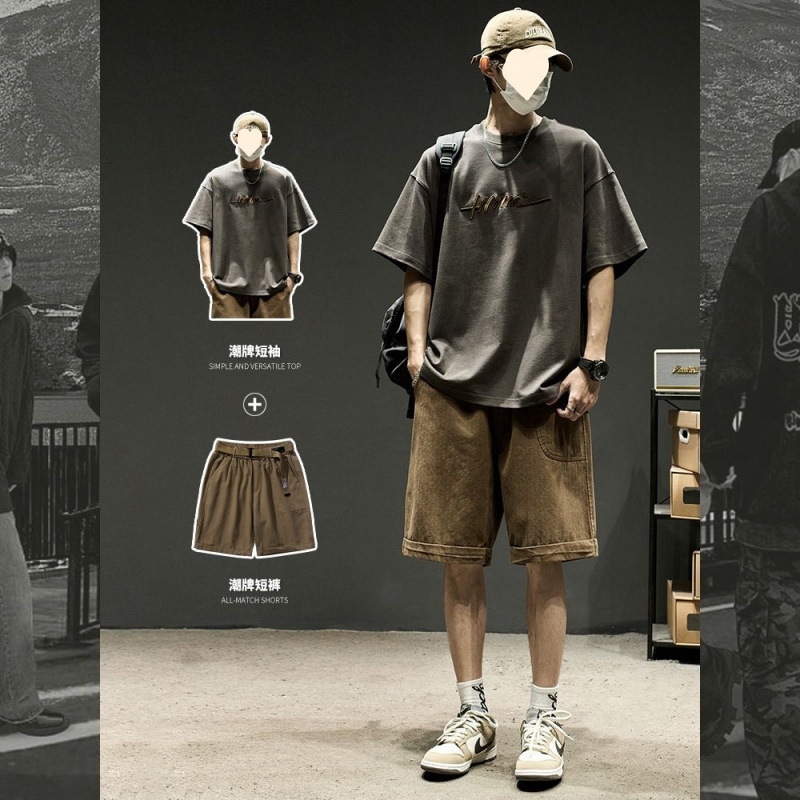 メンズ セットアップ 夏 アメリカンスタイル カジュアル コーディネート 2025年新作 純綿Tシャツ ワークショーツとの組み合わせ セットアップ