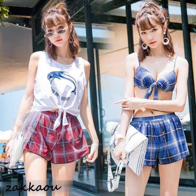 ビキニ 水着レディース 夏 ビキニ3点セット 韓国風 半袖ガウン 日焼け対策 ラッシュガード チェック柄 バンドゥビキニ スイムウェア 温泉 ママ水着 5,015円