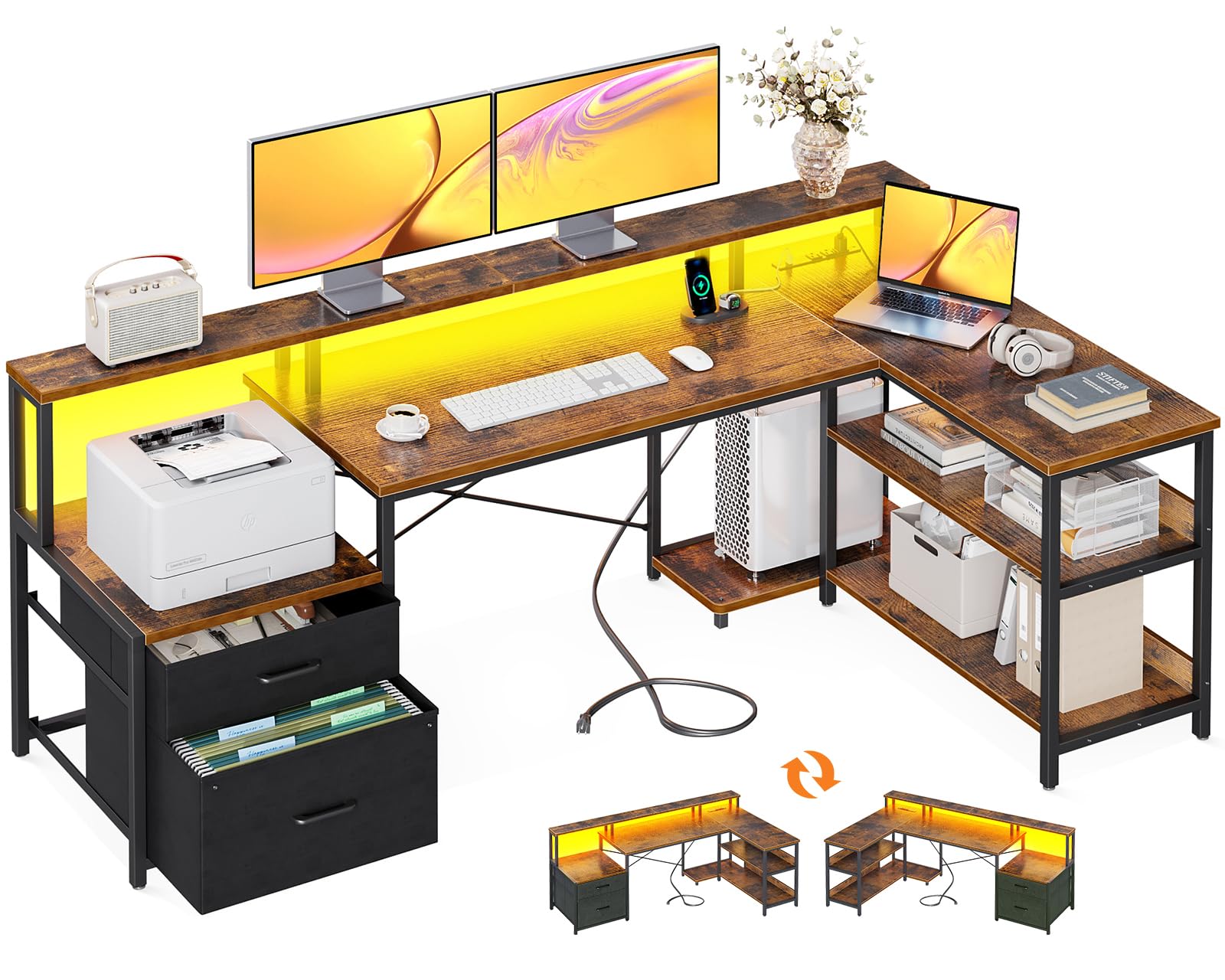 ODK パソコンデスク 引き出し2杯付き ゲーミングデスク コンセント付き l字デスク 机 pcデスク 勉強机 棚付き オフィスデスク ワークデスク 幅172 事務机 在宅勤務 組立簡単 ビンテージ