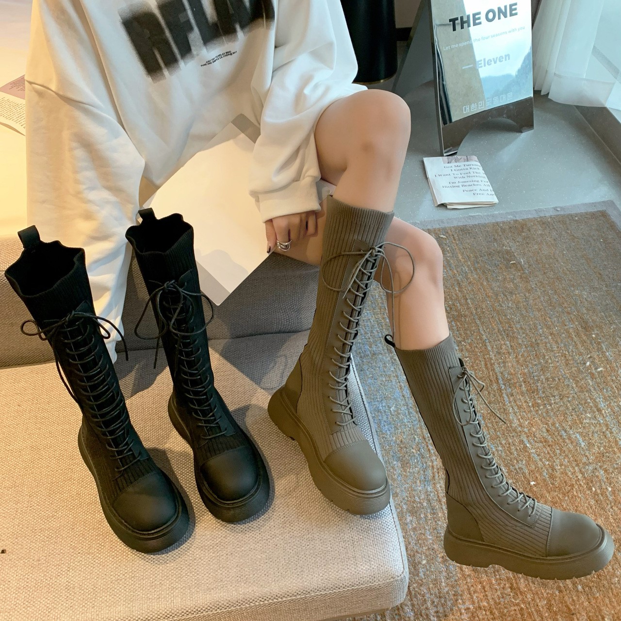 ロングブーツが復活ス韓国 ニット厚底靴 美脚 気質 着痩せ ブーツロングブーツが復活ロングブーツ4422