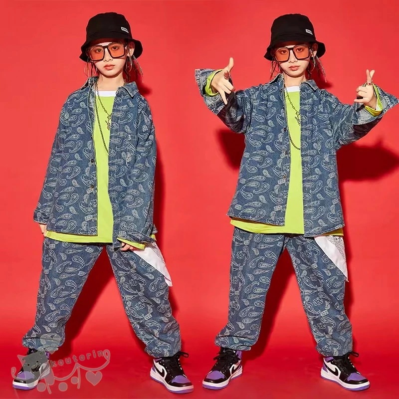 ダンス衣装 ヒップホップ 緑トップス ペイズリー柄　デニム 長袖シャツ パンツへそ出し キッズ ガールズ 男の子 セットアップ 派手 K-POP 韓国 ステージ衣装 応援団 練習着 体操服 発表会 h