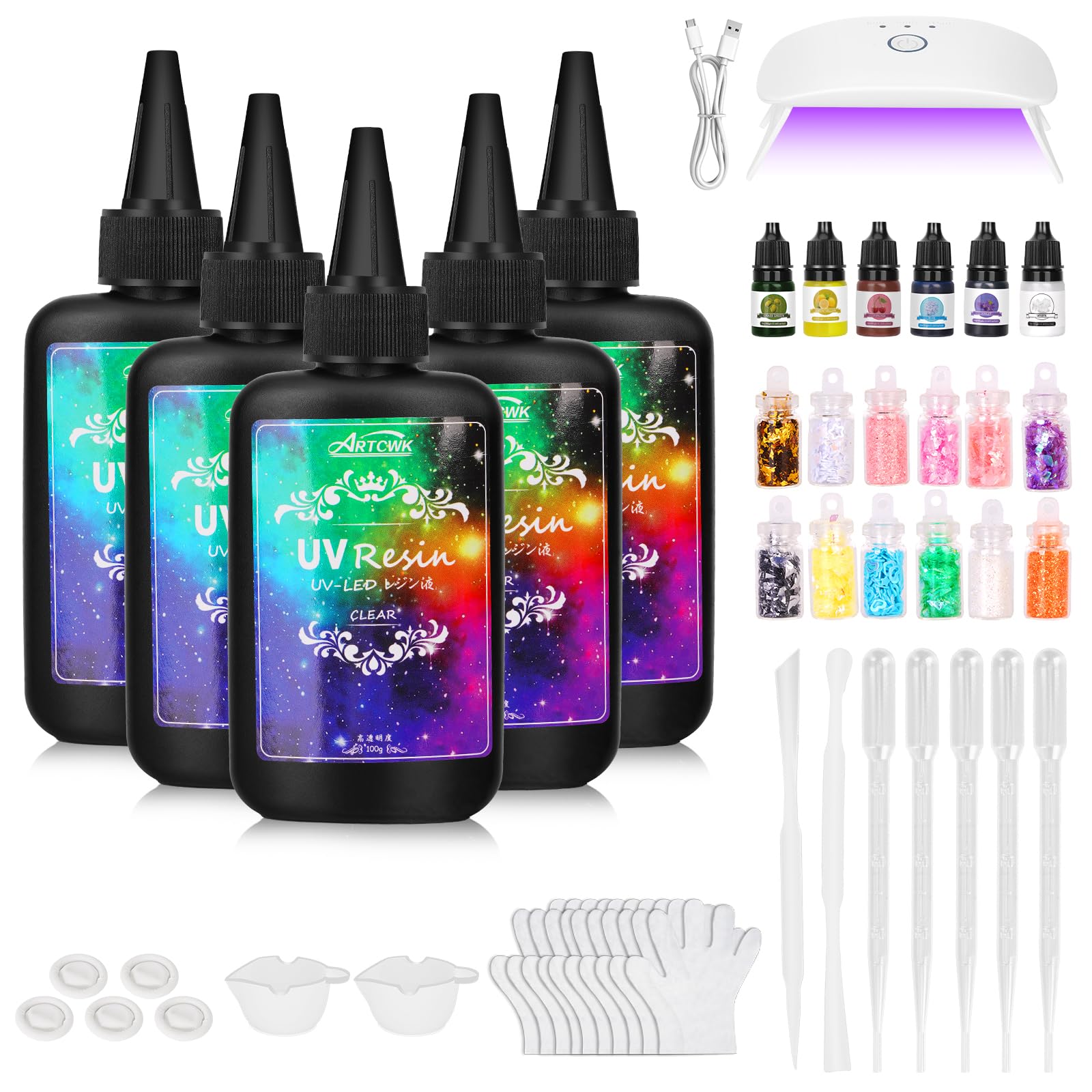 ArtCWK レジン セット レジン スターターキット, UV レジン液 大容量500g 高い透明 ハードタイプ LED-UVライト付き 着色剤必要なレジン アクセサリーが揃ってる 手作りキット 初心