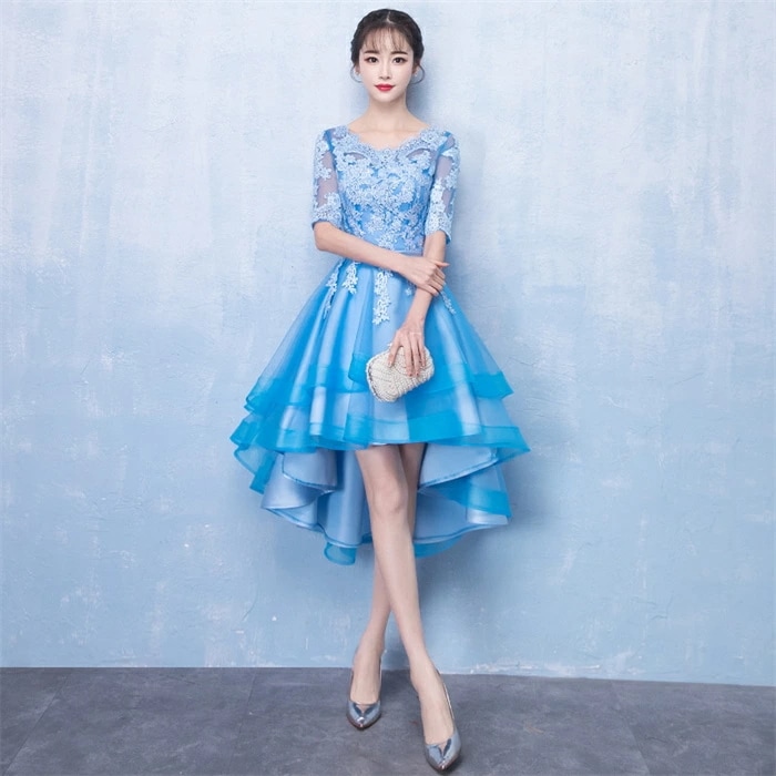 カラードレス 演奏会 カラードレス ブルー ロングドレス 前ミニ 二次会 ドレス 結婚式 花嫁 パーティードレス 前撮り 披露宴 コンサート イブニングドレス カクテルドレス ピアノ 海外挙式 大きい