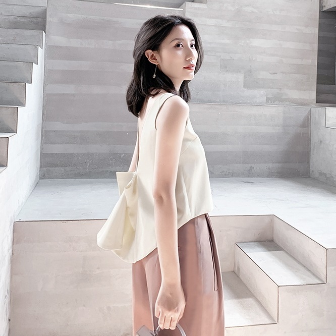 新作 春夏 トップス ベスト 袖なし ノースリーブ 襟なし ストレート リボン ポリエステル