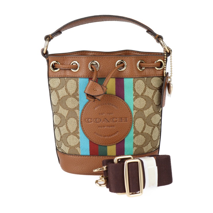 新古未使用展示品 COACH コーチ ハンドバッグ C5639 デンプシー ドローストリング バケット 15 シグネチャー ジャガード レザー 茶色系 2WAY ショルダーバッグ 巾着【本物保証】