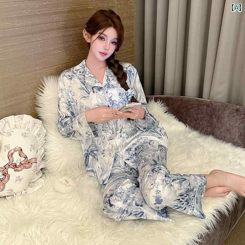 シルク　パジャマ　レディース 魅惑的 冷感 サテン パジャマ 女性 春秋 2025 新型 高級 花柄 ネット ホームウェア 長袖 スーツ