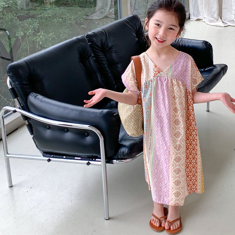 ワンピース キッズ 女の子 民族風 Vネックワンピース 夏服 新型 子供服 -8歳 子供 韓国