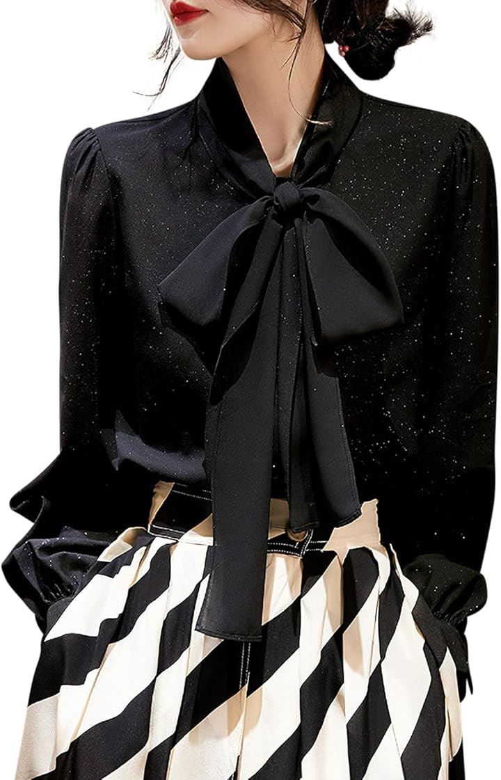ブラウス レディース 長袖 オフィス シフォン ラメ リボン 黒 エレガント(ブラック, XL)