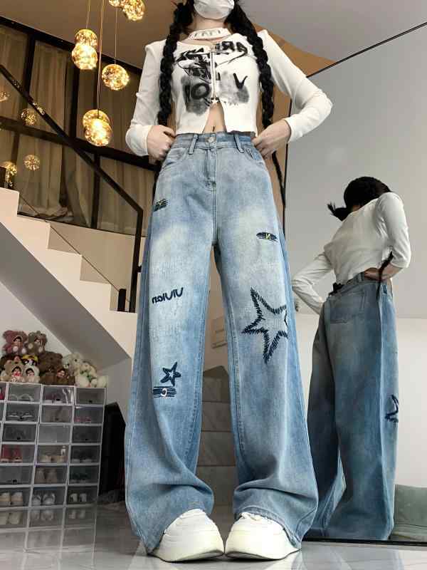 パンツ デニム ジーンズ スターワイドデニムパンツ カジュアルコーデ スター柄ワイドデニムパンツ デニムパンツ