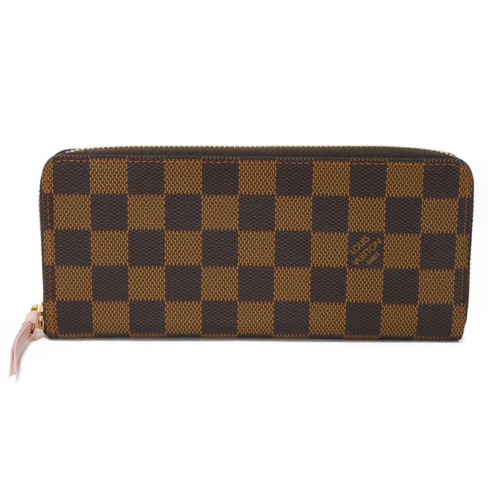 【中古】 長財布 ロゴ ブラウン ピンク ラウンドファスナー 美品 ポルトフォイユ クレマンス ダミエ N41626