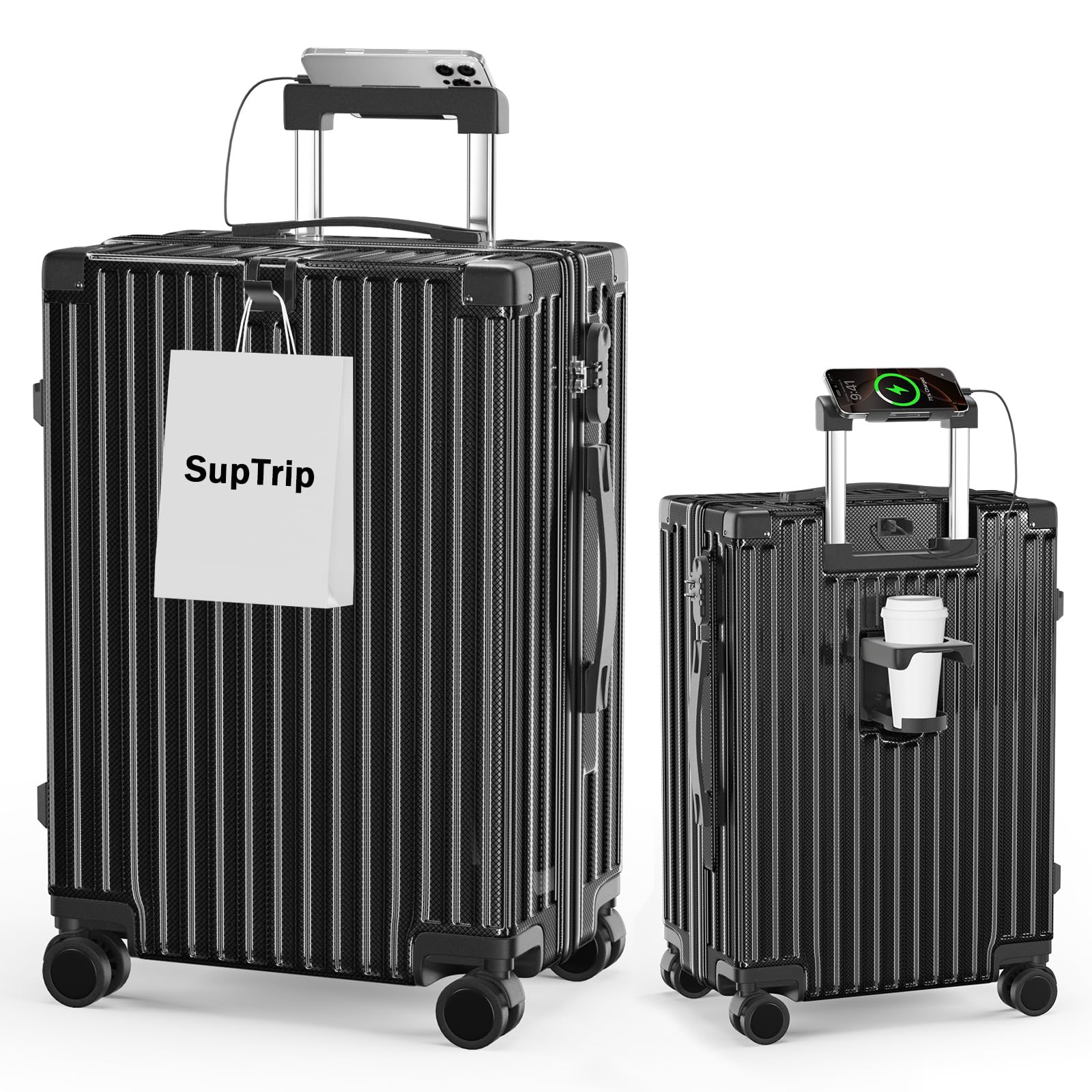 [SupTrip] スーツケース 機内持ち込み 超軽量 キャリーケース 多機能 キャリーバッグ USBポート付き カップホルダー付き 隠しフック機能 USB+Type C充電機能 大型 静音 ダブルキ