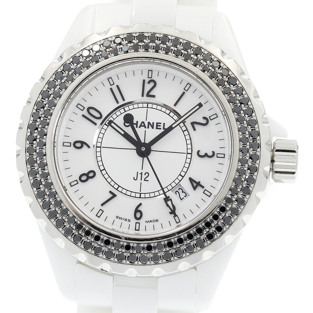 シャネル CHANEL H1630 J12 白セラミック ブラックダイヤベゼル クォーツ レディース _932610【中古】