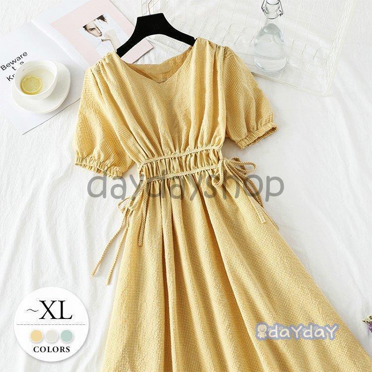 新品更新 ワンピース フレアワンピ 半袖 Ｖネック リボン ギンガムチェック チェック柄 大人可愛い 清楚 ベージュ ブルー イエローママ 魅力的 リラックス