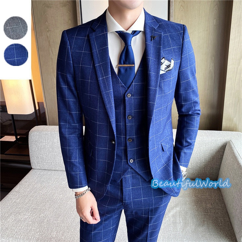 スーツ メンズ ビジネススーツ 3ピーススーツ スーツセットアップ カジュアルスーツ チェック柄フォーマルスーツ 洗える 紳士服 通勤 結婚式X40