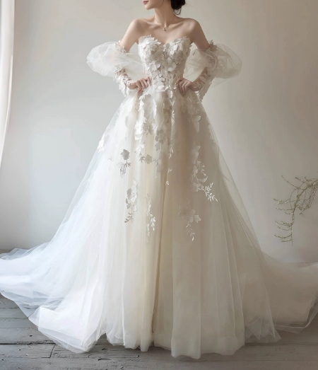 フランス風 ウェディングドレス ベアトップ シースルー袖 美しい花レース 拳式/前撮り