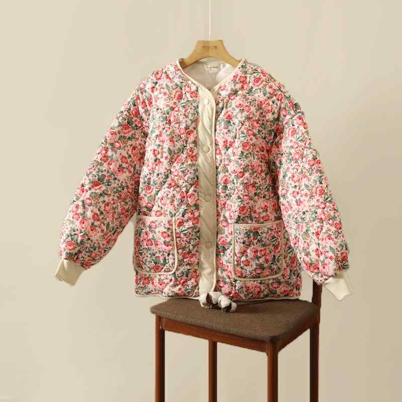 レディース ファッション 服 オシャレ カワイイ シンプル 大人カワイイ 大きいサイズ カラー ブロック 花柄 キルティング コットンコート ラウンドネック 快適 暖かい 冬