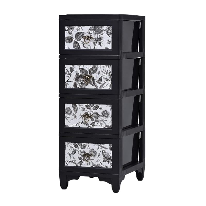 即納：カドリーチェスト 4段 Premium ブラック/フラワー
