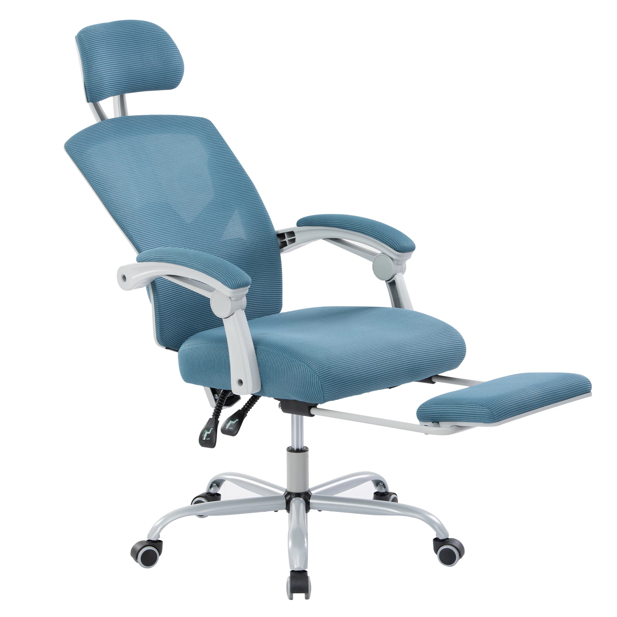 575【値上げ予定　11月16日～】【新品登場】オフィスチェア 事務所チェア リクライニング機能 足載せ付き ロッキング機能 メッシュタイプ【 ブルー】