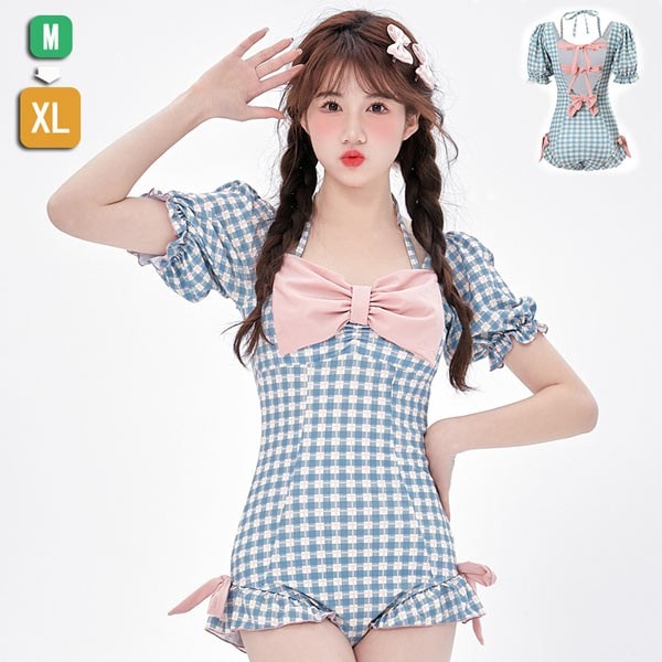 水着 レディース 一体型 チェック柄 ハイウエスト セクシー 可愛い リボン 体型カバー 着痩せ パッド付 かわいい 女性 海水浴 温泉 韓国ファッション セクシー感 ブルー df020m3m3jc