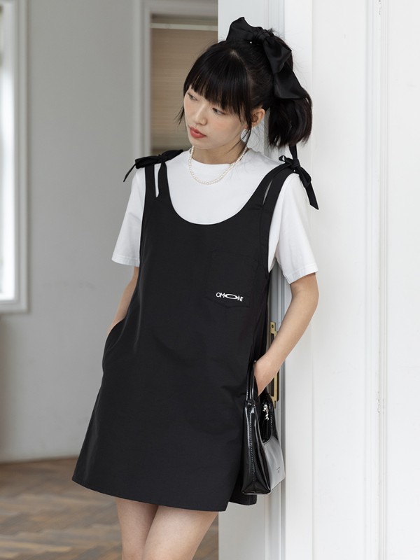 オーモントエッグタルトホームレトロ刺繍ストラップブラックサスペンダードレスレディースサマープチミドル丈ベストドレス