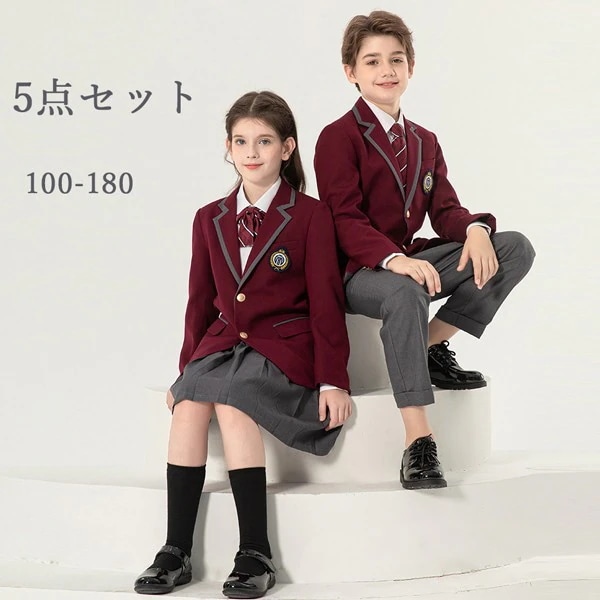 学生服 子供服 韓国風 ピアノ発表会 上下セット 5点セット キッズスーツ キッズフォーマルスーツ 女の子 男の子 女児 小学校 高校生 中学生 制服 ジャケット ブラウス スカート リボン 七五三