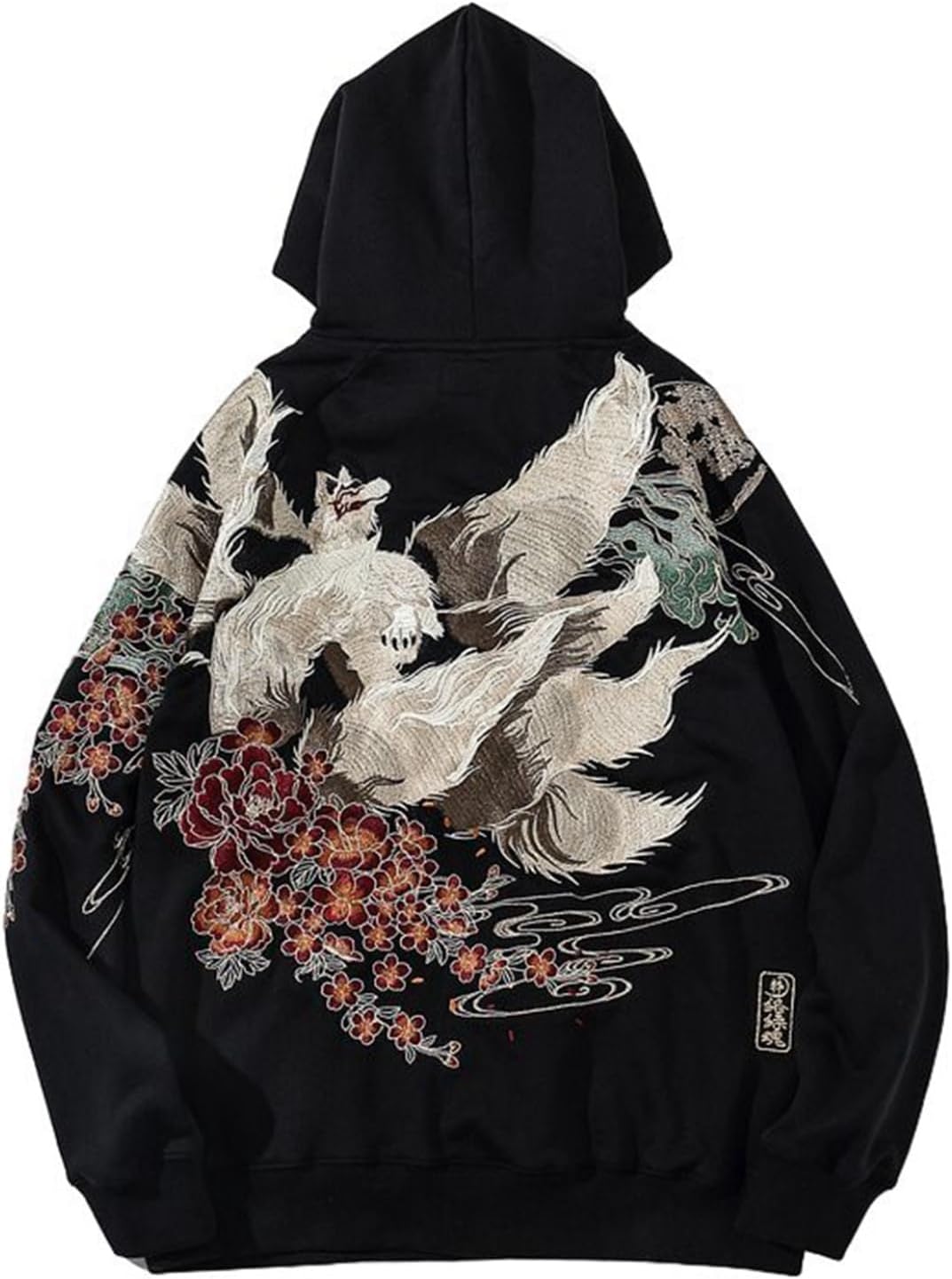 メンズ トレーナー 九尾狐 刺繍 花柄 月 ポケット付き 裏ボア パーカー フルオーバー 長袖 スウェット 冬物 秋服 モコモコ 保温 体型カバー 服 高校生 ファッション 日系 中華風