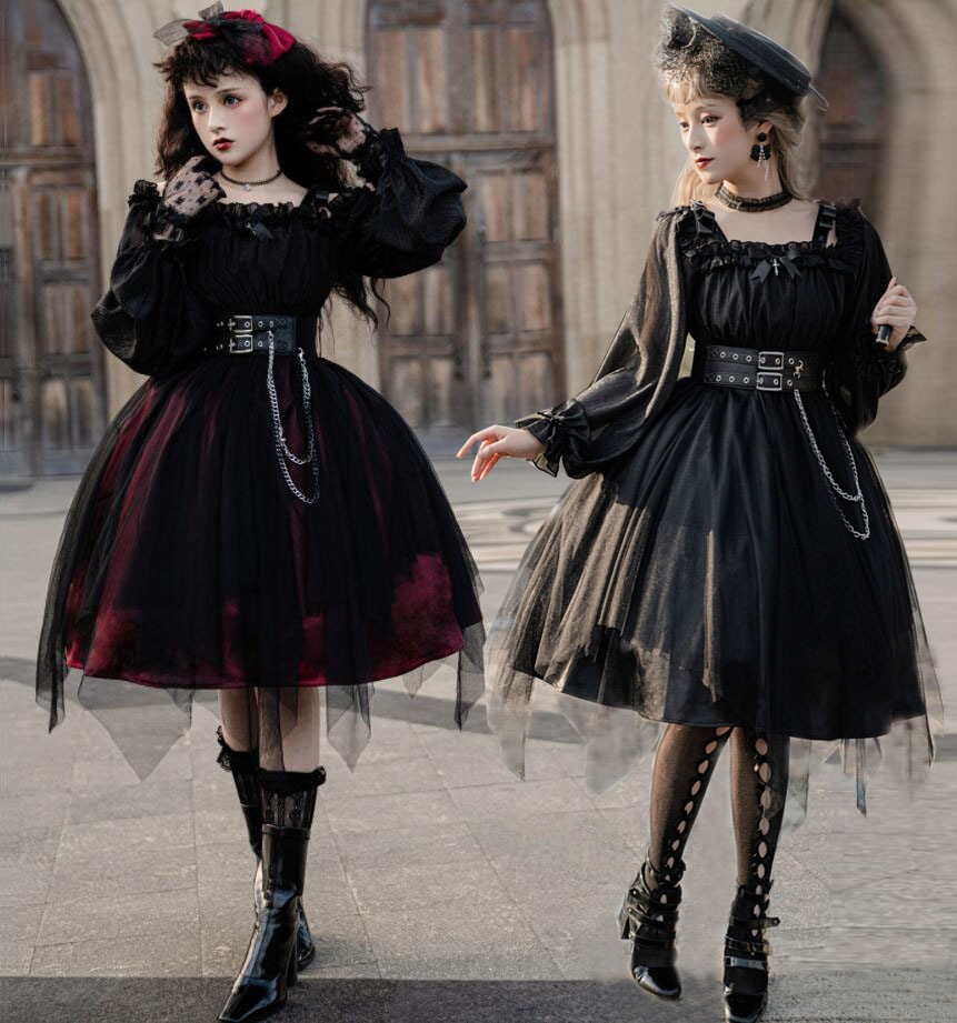ワンピース ロリータ ゴシック＆ロリータ服 長袖 ロリータドレス 膝丈 ミモレ丈 暗黒 ジャンパースカート チュール ふんわり チェーンベルト Lolita フリル ゴスロリ コスプ 光沢