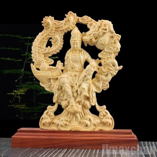 速達!仏像 総柘植 観音菩薩 木彫仏像 柘植木彫り 木製彫刻 観音様 龍 置物 置き物 オブジェ インテリア 木製 木彫り プレゼント 贈り物 お土産 土産