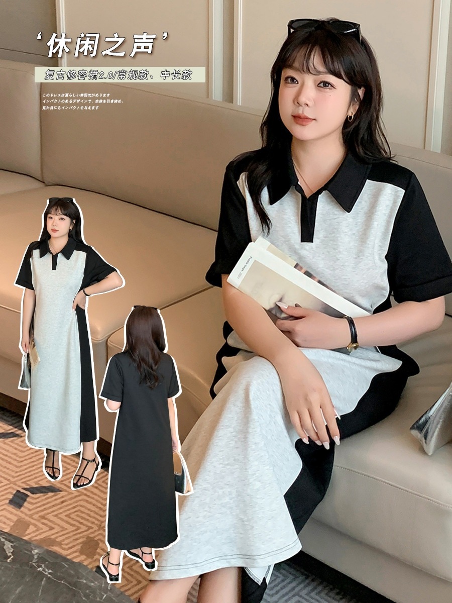 【ぽちゃまに】 夏 Tシャツワンピース ドッキング色 長/短2タイプ 大きいサイズ 体型カバー レディース ロングワンピース メガ割30%までに制限