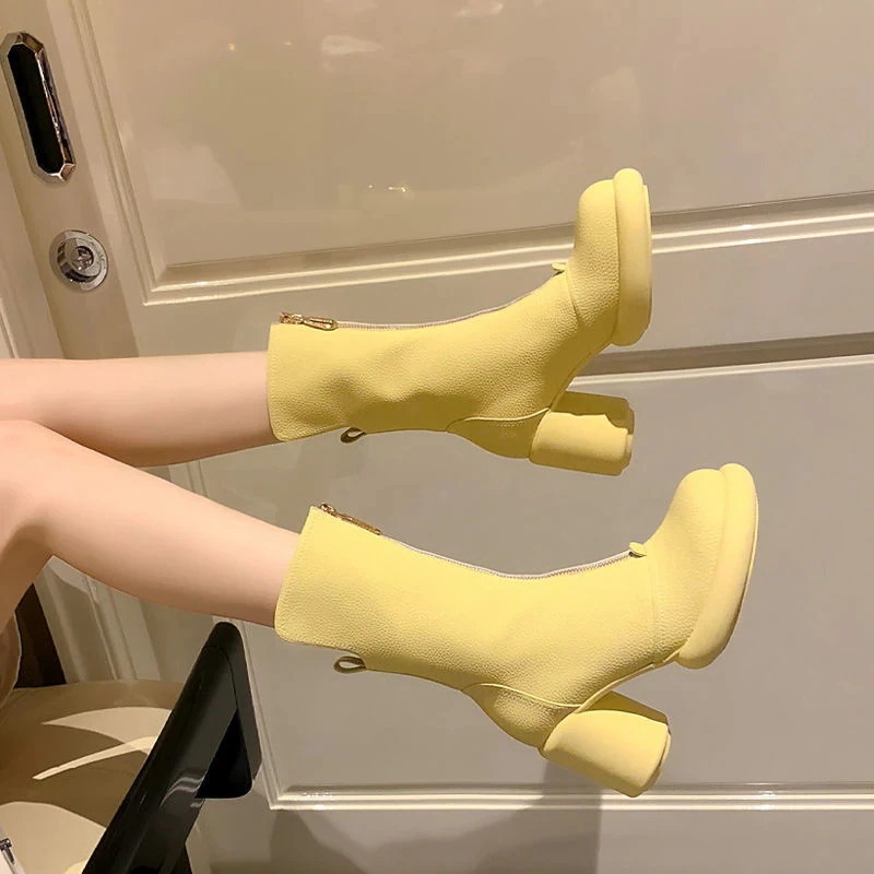 シューズブーツ レディース スタイルアップ！ヒールパンプス本革太ハイヒールショートブーツ小柄で背が高くなったフロントジッパー厚底ブーツ 韓国ファッション