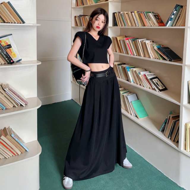 【3日で出荷】セットアップ レディース スカート Tシャツ プルオーバー クロップド丈 ロング丈 マキシ丈 ロングスカート フレアスカート 半袖 Vネック