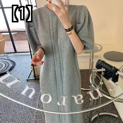 ニットワンピース レディース 秋冬 韓国 レトロ ラウンドネック ロング スリット セーター ドレス グレー 黒 アプリコット 半袖