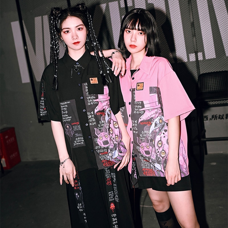 シャツ ブラウス 半袖 レディース 不規則プリント トップス ゆったり 暗黒風 ブラック ピンク 怪物club