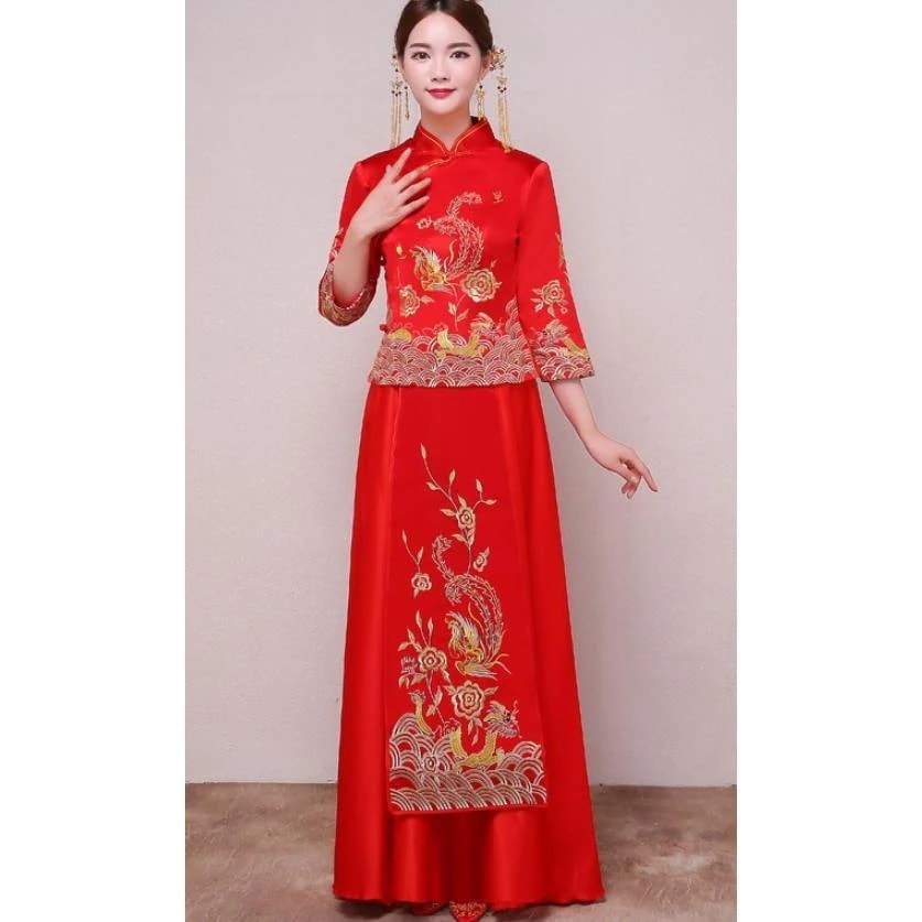 中華服　上下2点セット　チャイナ服　古典中国風ウエディングドレス　中華風結婚式披露宴フォマールドレス　可愛いお花嫁ドレス　漢服唐装　華流コスプレ衣装30%までに制限