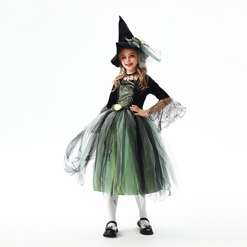 ハロウィンの子供用コスチューム吸血鬼の緑の女の子のコスチューム面白いパフォーマンスコスチューム魔女のコスチューム魔女のプリンセスドレス