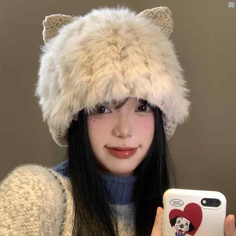 レディースファッション　ファッション小物　オシャレ 秋冬 猫耳 ぬいぐるみ 帽子 かわいい 顔 小柄 ニット ウール 暖かい 耳保護 プルオーバー ウサギ 毛皮 5,442円