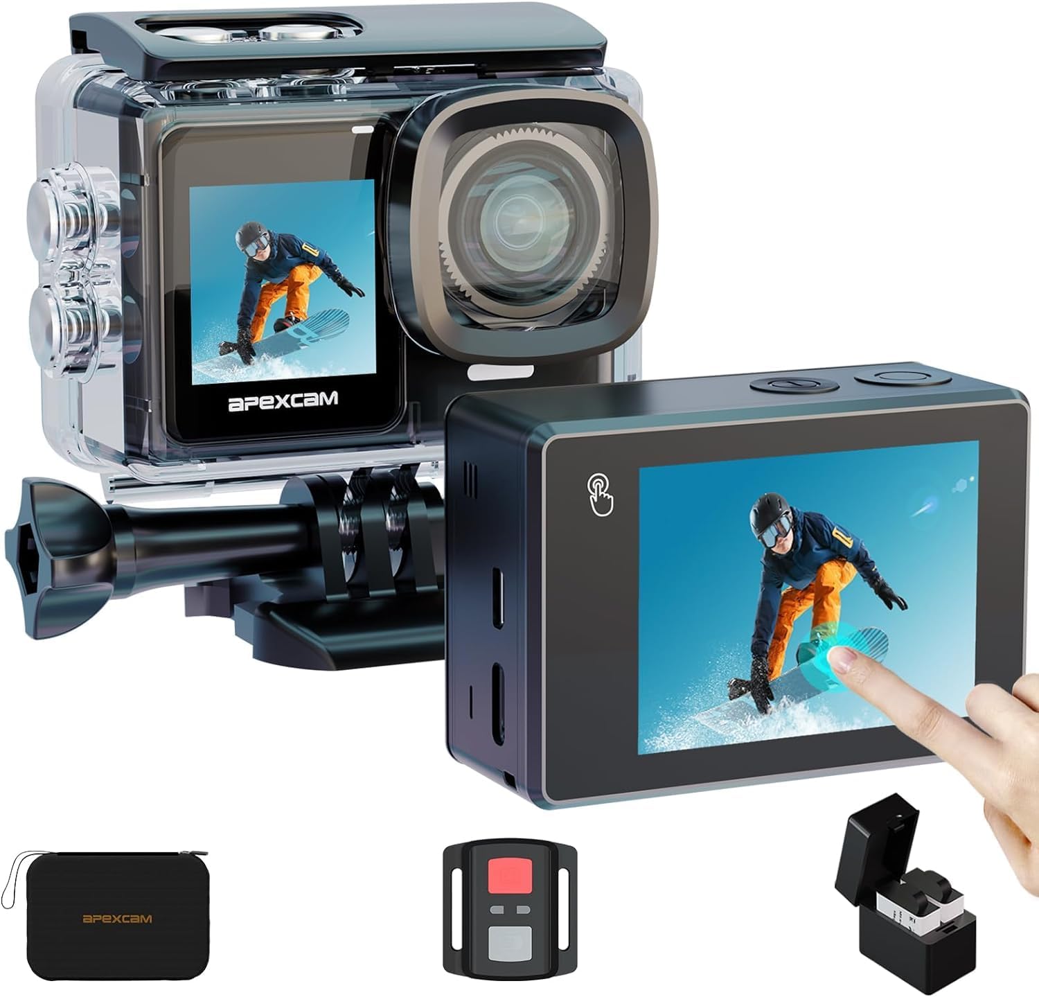 Apexcam アクションカメラ X70pro 4K30fps 20MP解像度 タッチパネル式 30M防水 水中カメラ デュアルスクリーンカメラ EIS手振れ補正 プリレコーディング機能 タイムラプス