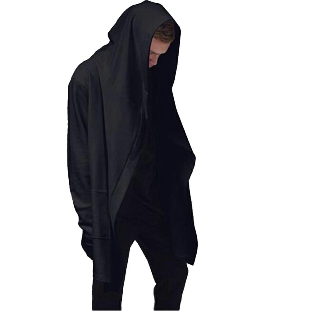ロングパーカー メンズ 長袖 マント フード 無地 黒 吸血鬼風 マント風 ストリート 原宿系 際立つ