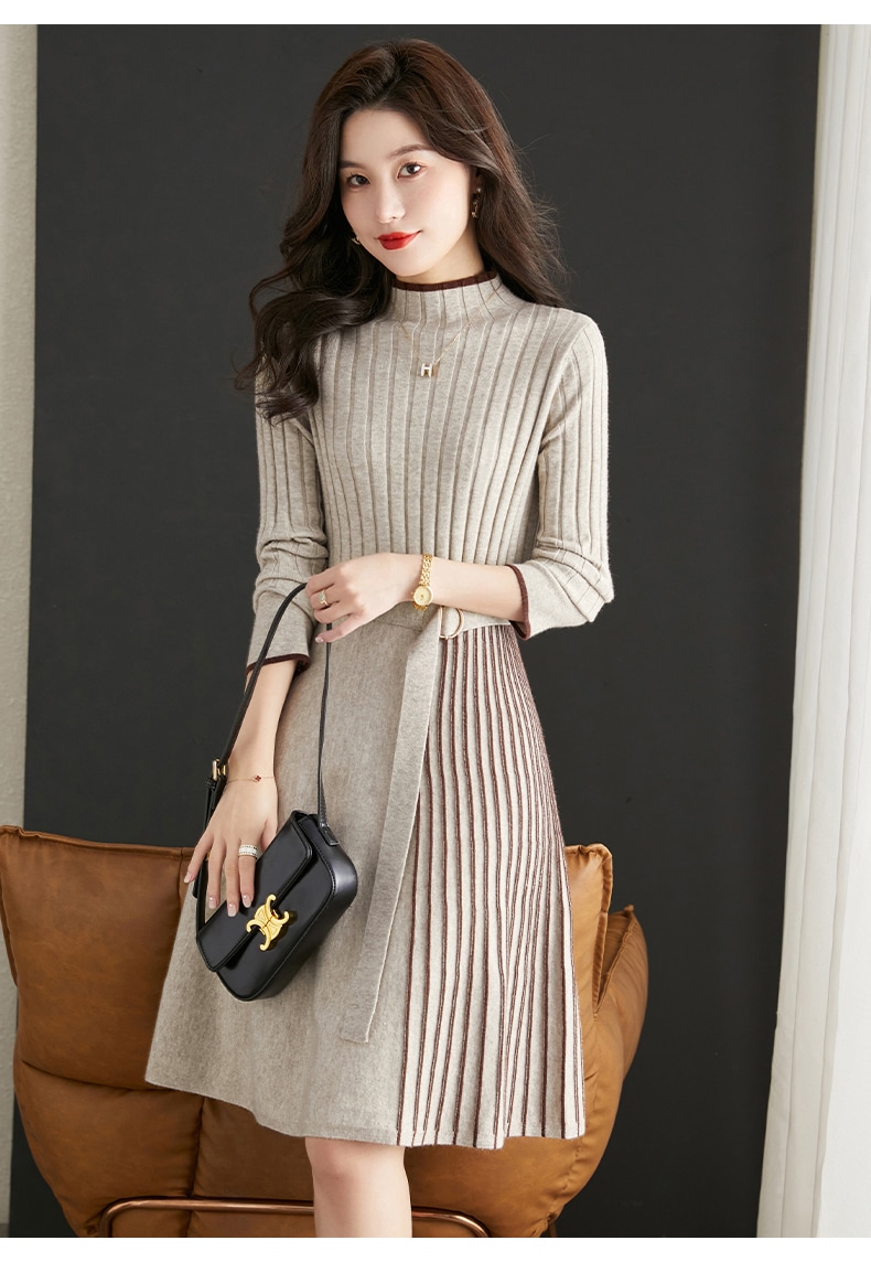 ファッション プリーツ 黒 セーター ドレス 秋 冬 ハーフハイカラー ニット スカート 女性 アプリコット クリーミーホワイト ブラック M L XL XXL ワンピース 膝上 袖あり 5分袖