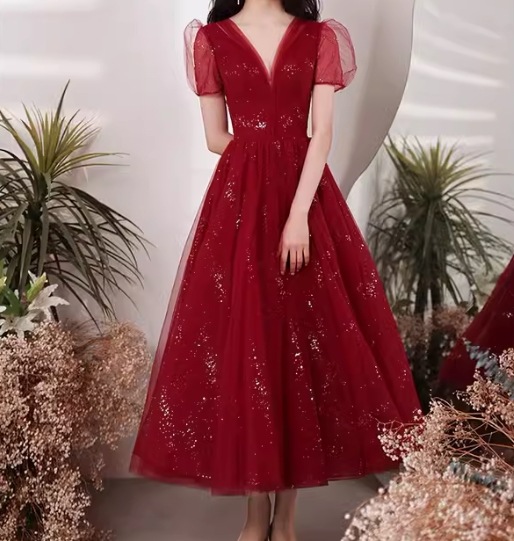 レディース ワンピース ドレス ドレス ロング アンクル丈 半袖 パフスリーブ Vネック 背中開き フェミニン チュール シフォン ハイウエスト 透け感 オーガンジー 薄手 チュール 大人可愛い