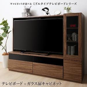 ミドルタイプテレビボードシリーズ [city sign]シティサイン 2点セット（テレビボード+ガラス扉キャビネット） ウォルナットブラウン